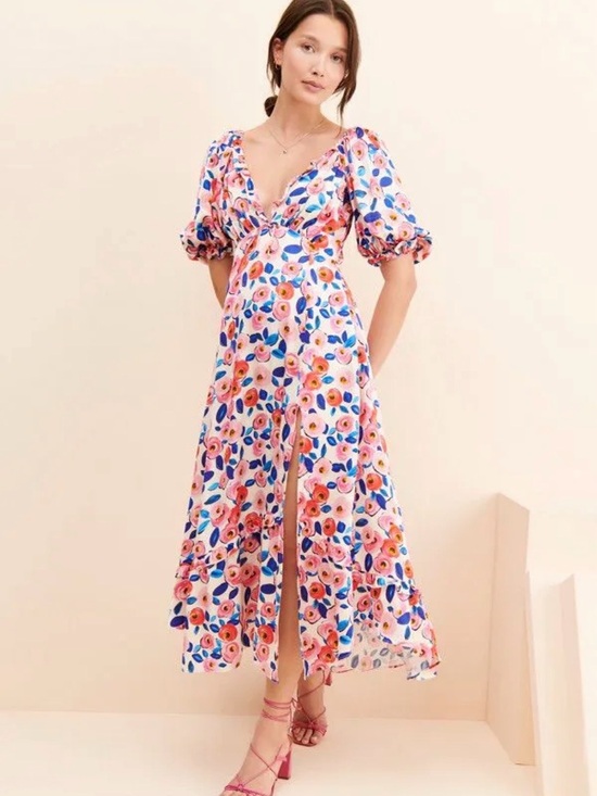 For Love And Lemons Dresses & Skirts - For Love & Lemons Gianna Midi Dress Floral White Pink Blue Slit $242 Size S